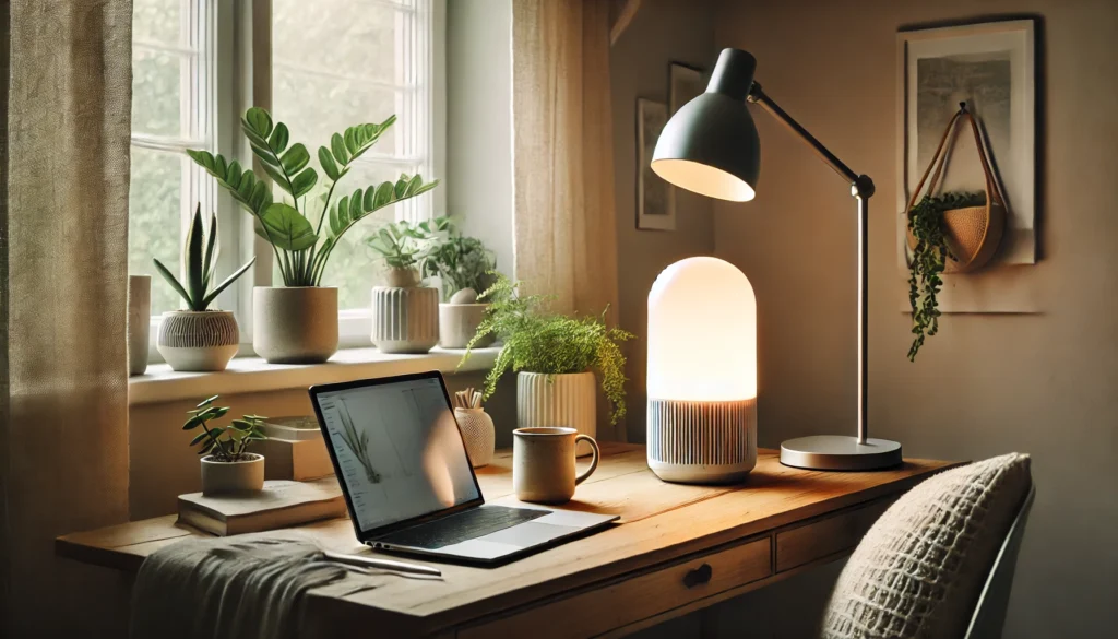 kirkasvalolamppu pöydällä