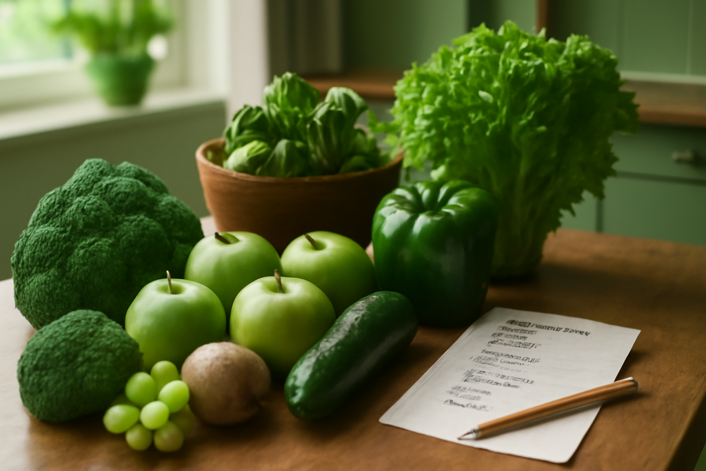 emäksisiä ruokia sekä lista pöydällä