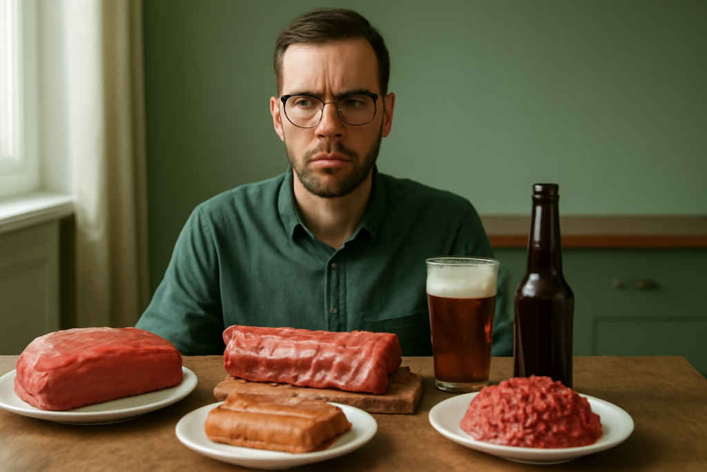 miehellä on happaman kehon oireita, pöydällä happamia tuotteita, olutta ja lihaa