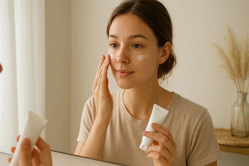 nainen laittaa aurinkorasvaa kasvoille peilin edessä