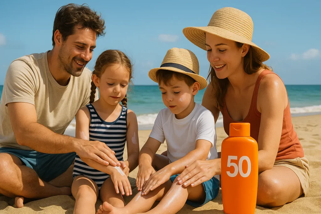 perhe lisäämässä aurinkorasvaa vartalolle