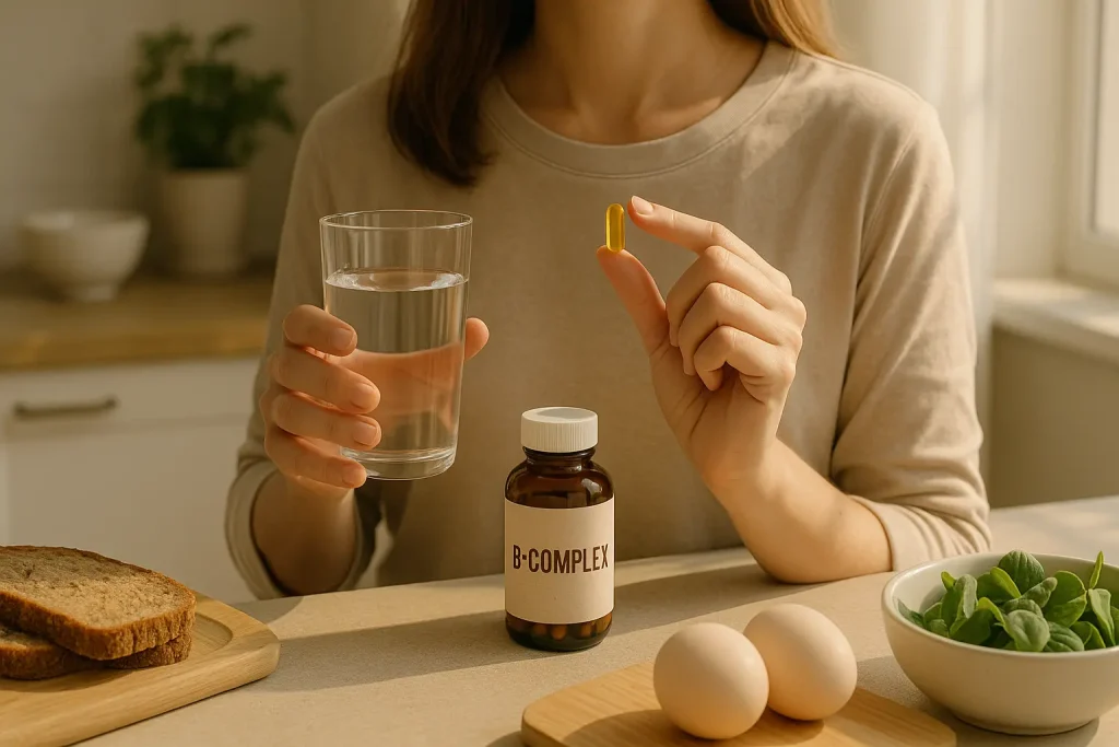nainen ottamassa b-vitamiinia