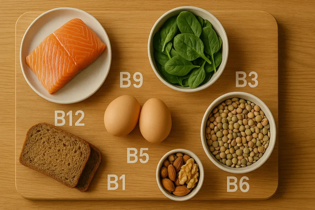 eri b-vitamiinin lähteitä ruokapöydällä