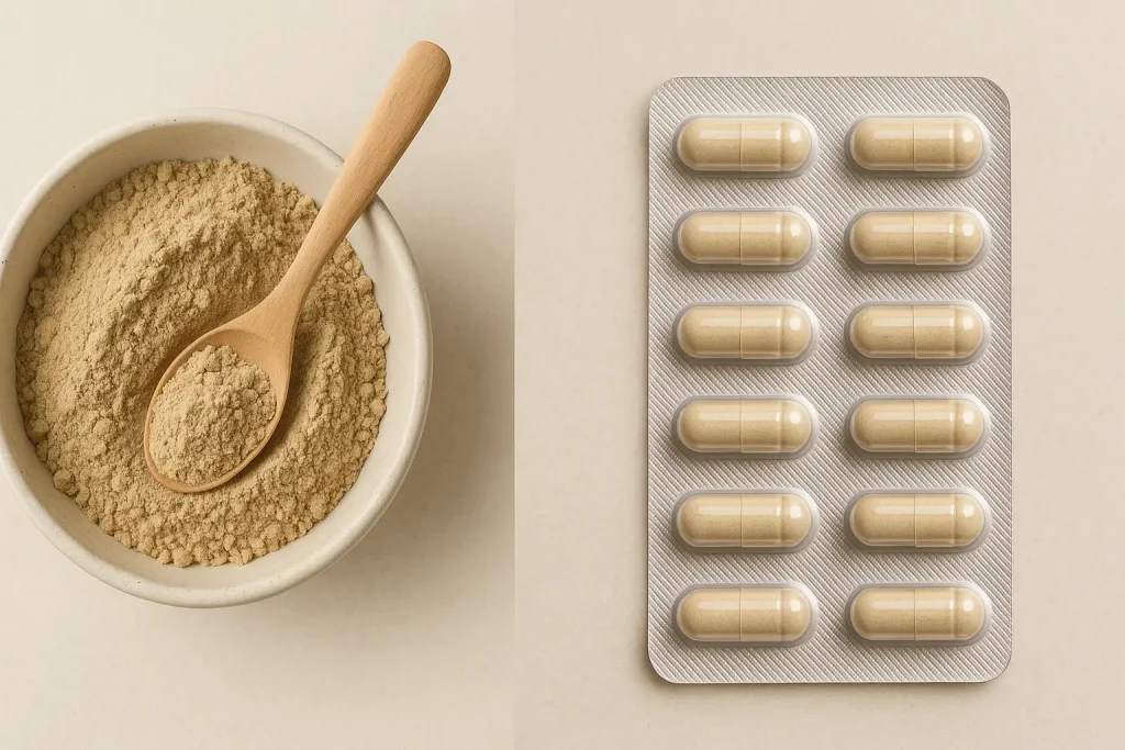 Ashwagandha jauhe ja kapseli