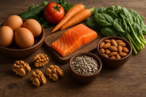 Biotiiniin runsaasti sisältäviä ruokia, kuten kananmunia, kalaa ja pähkinöitä