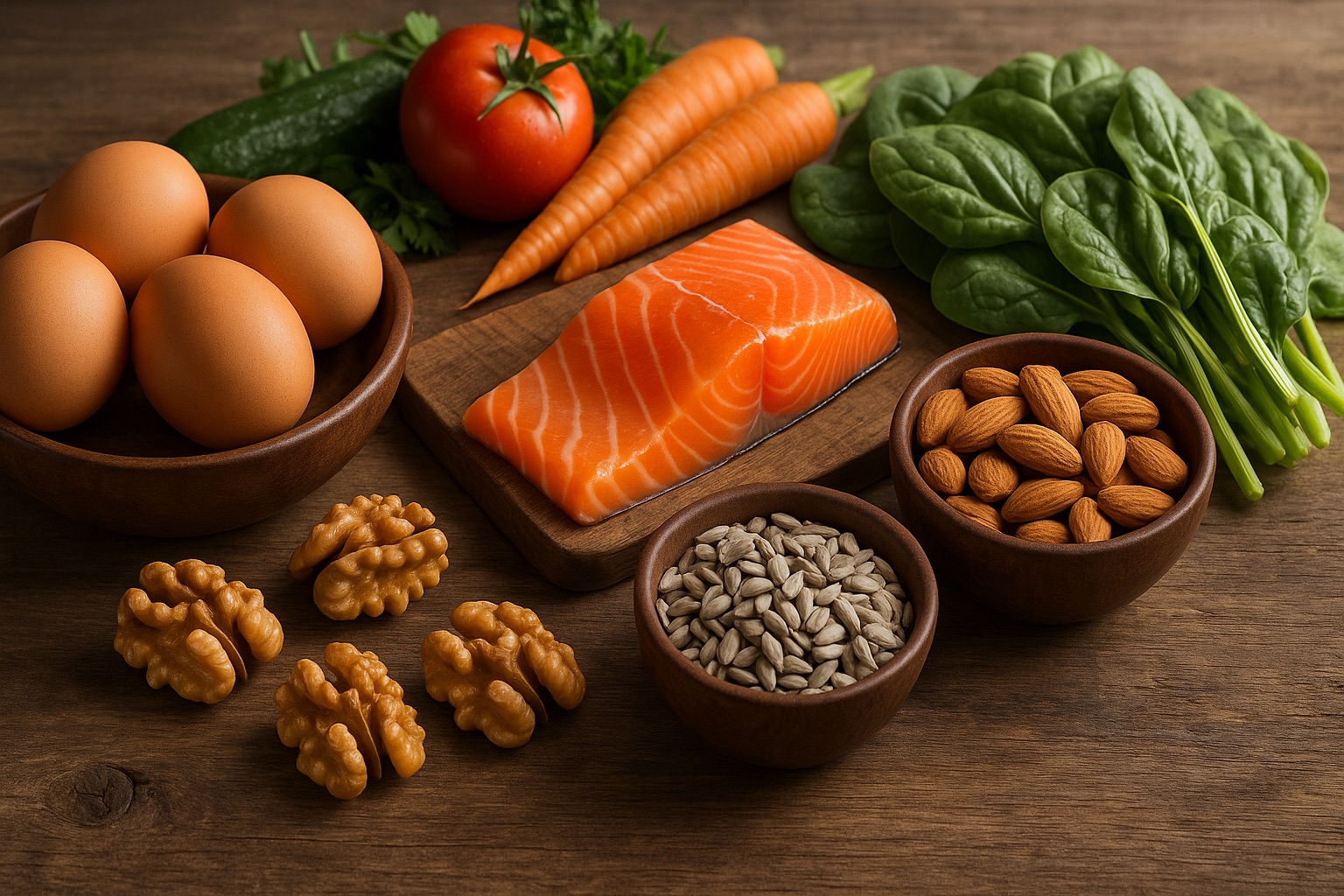 Biotiiniin runsaasti sisältäviä ruokia, kuten kananmunia, kalaa ja pähkinöitä