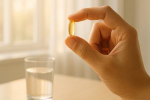 Käsi pitelee D-vitamiinilisää aamun valossa – d vitamiini osana päivittäistä terveyden ylläpitoa