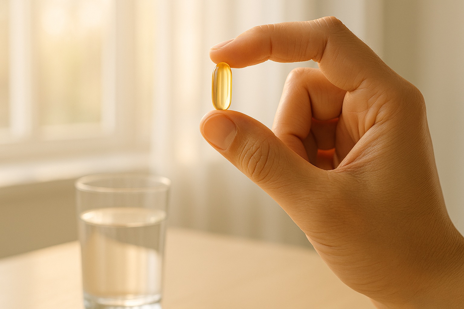 Käsi pitelee D-vitamiinilisää aamun valossa – d vitamiini osana päivittäistä terveyden ylläpitoa