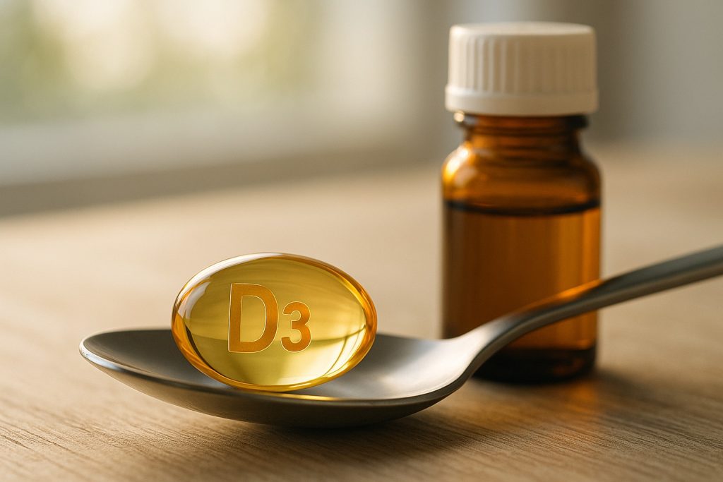 Öljymuotoinen D-vitamiinikapseli lusikassa – d vitamiini öljykapselina tehokkaassa muodossa