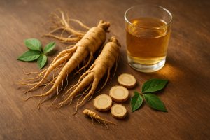 Ginsengjuuria ja ginsengtee kupissa – luonnon energiakortti