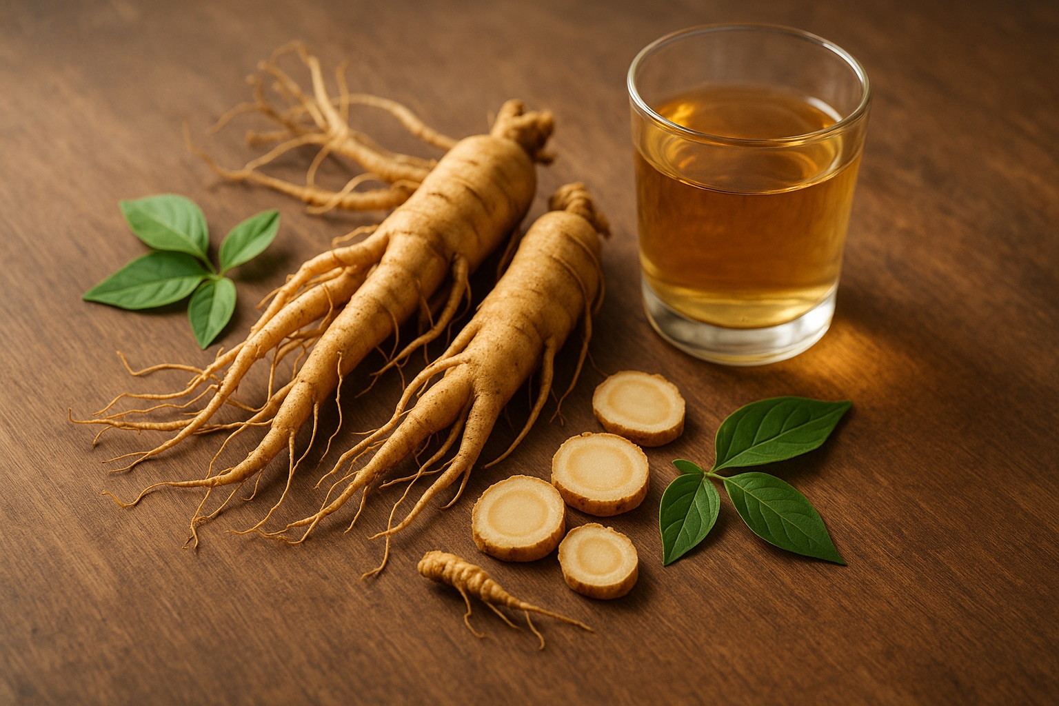 Ginsengjuuria ja ginsengtee kupissa – luonnon energiakortti