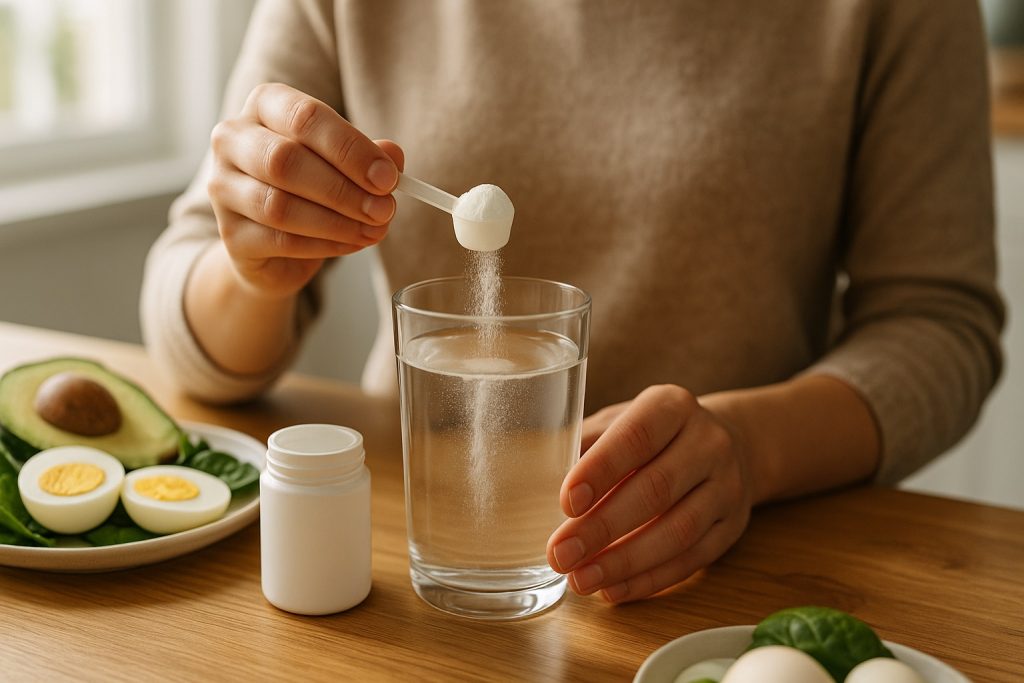 Elektrolyyttijauhe sekoittumassa veteen keto-ruokalautasen mukana – tärkeä lisä ketoilijalle