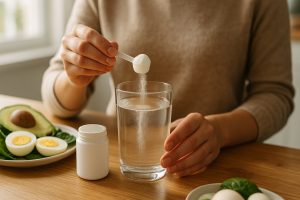 Elektrolyyttijauhe sekoittumassa veteen keto-ruokalautasen mukana – tärkeä lisä ketoilijalle