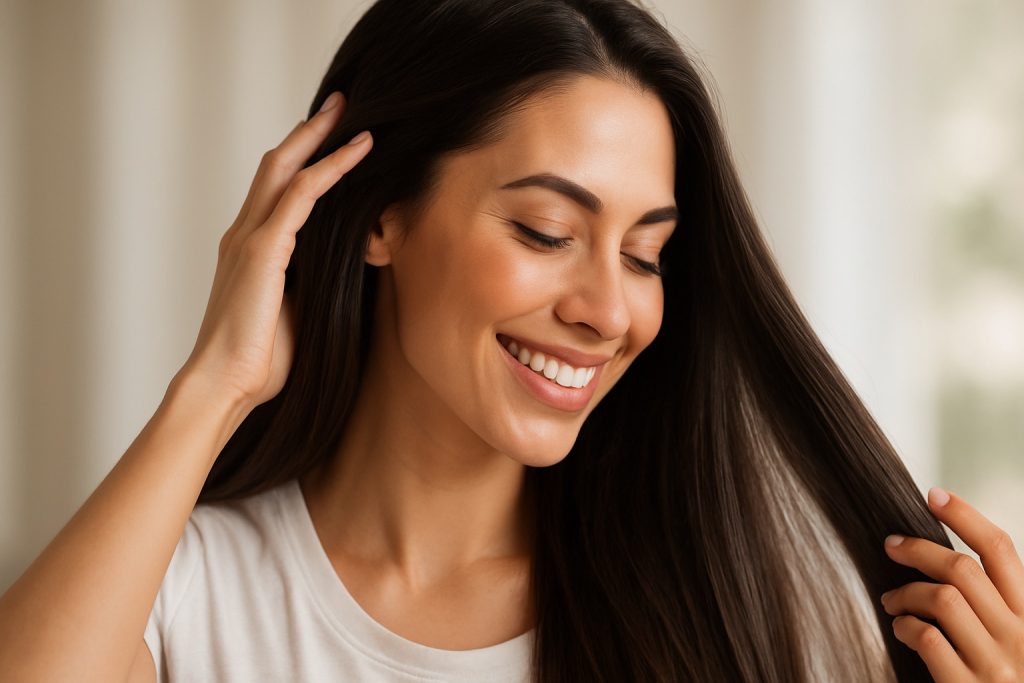 Nainen koskettamassa kiiltäviä ja vahvoja hiuksia – paras biotiini hiuksille
