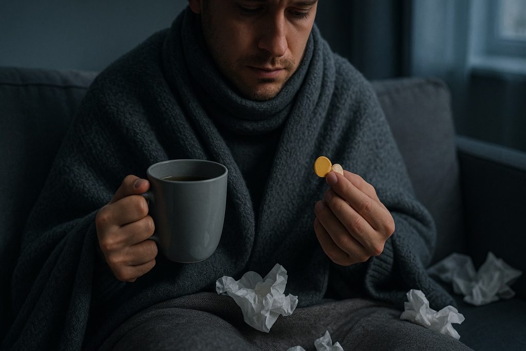 Flunssainen ihminen kotona sinkki- ja C-vitamiinitablettien kanssa – flunssan torjunta kotikonstein